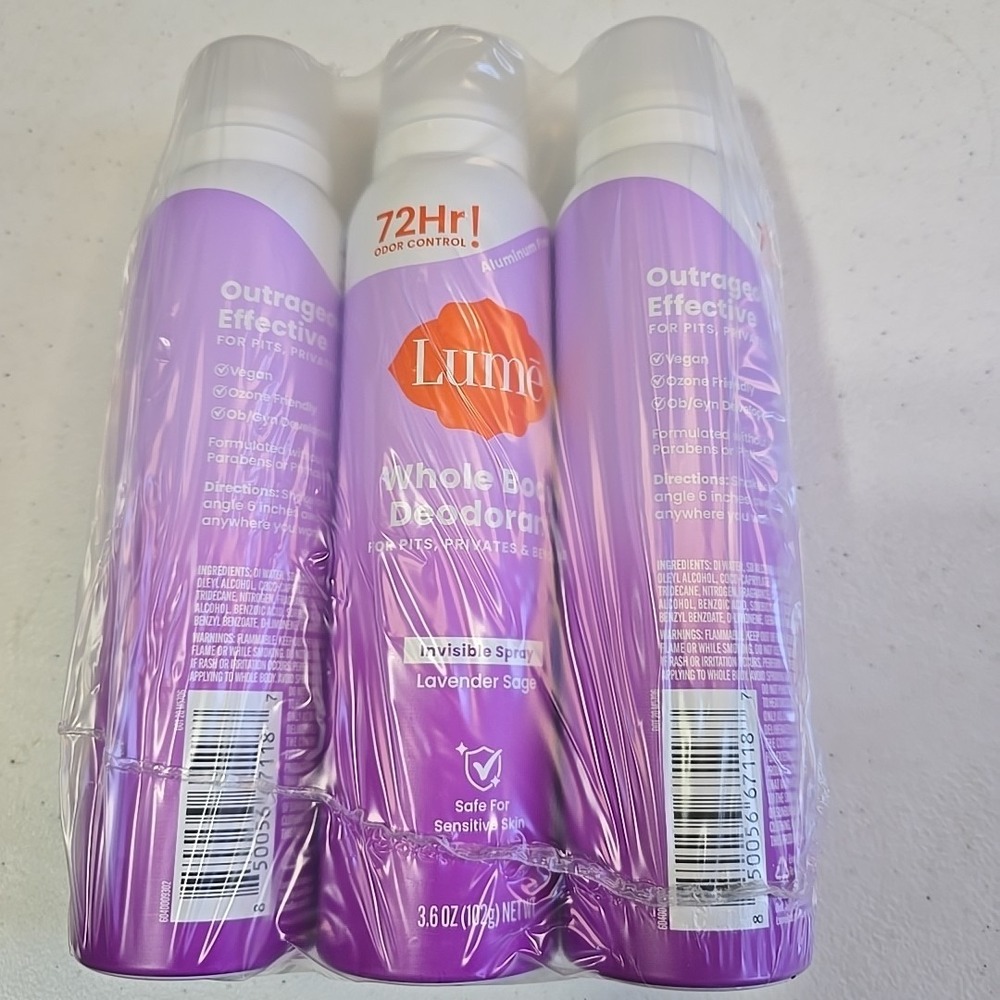 3 PACK Lume Whole Body Women's Invisible Spray Deodorant Lavender Sage Sealed